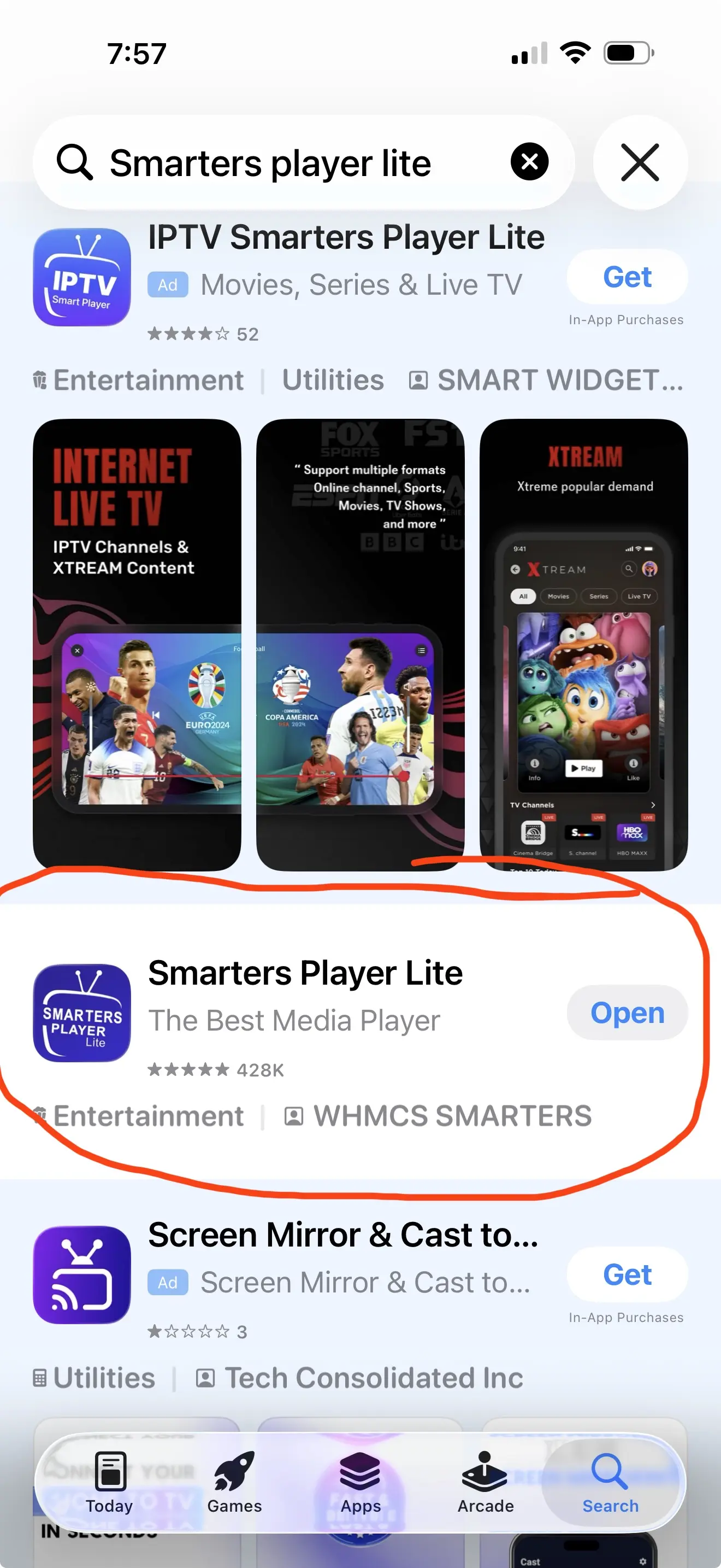 Smarters Player Lite search result in Apple App Store on iPhone